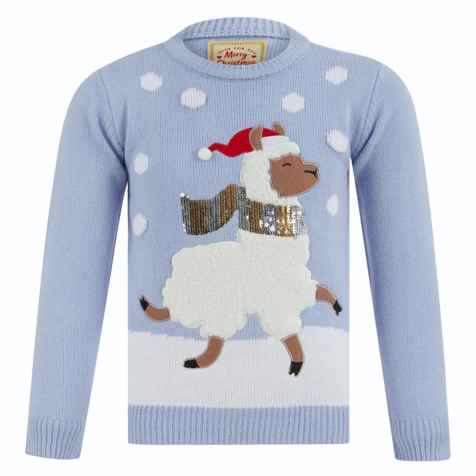 blue christmas jumper featuring llama character with fleece body, silver and gold sequin scarf and santa hat